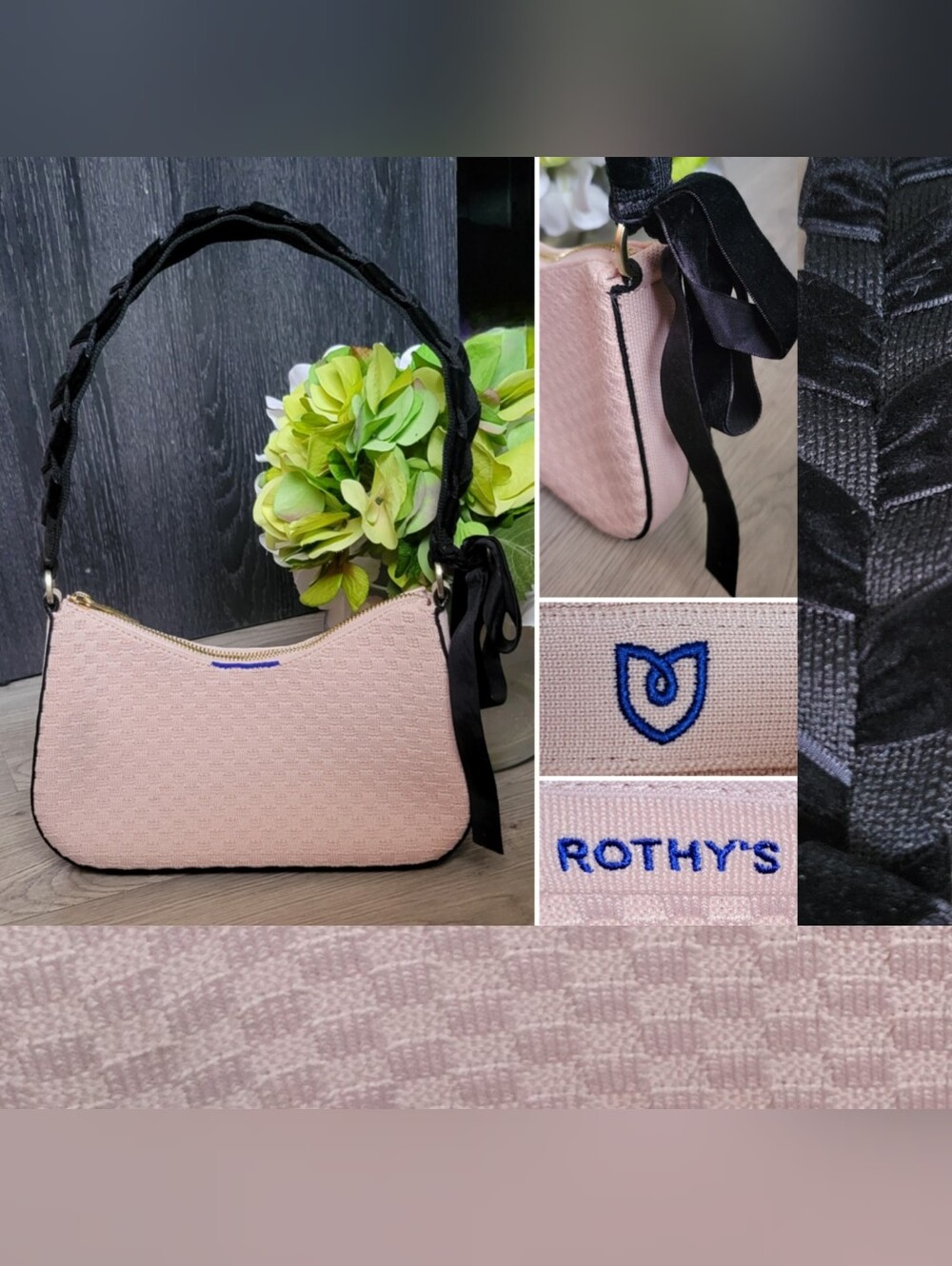 Rothy's The Mini Shoulder Bag in Ballerina Bow Pink & Black Velvet, 13.5" x 10"